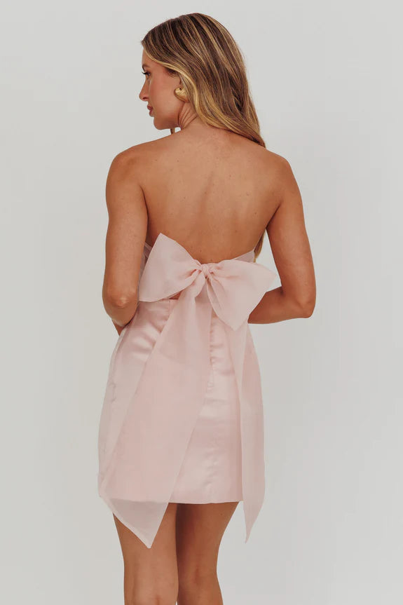 Strapless Sleeveless Back Bow Blush Mini Homecoming Dress With Slit