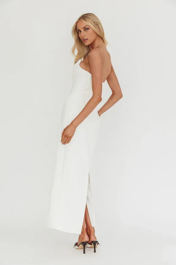 Strapless Sleeveless Bow Bust Black Or White Maxi Prom Dress With Slit