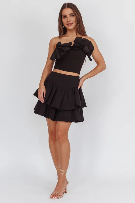 Strapless Sleeveless Concertina Decoration Two Pieces Black Mini Homecoming Dress