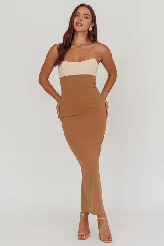 Strapless Sleeveless Contrast Camel Maxi Homecoming Dress Prom Dress With Slit