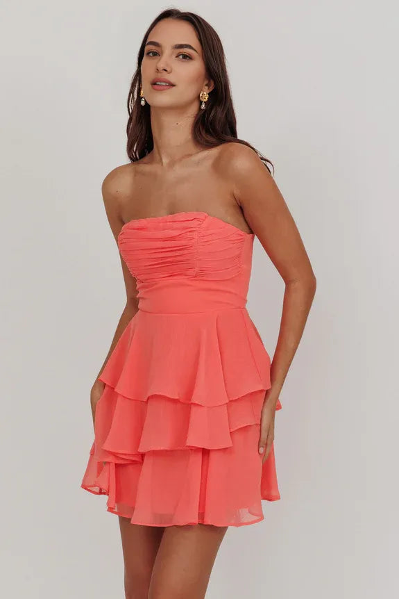 Strapless Sleeveless Pleated Ruffle Tiered Peach Mini Homecoming Dress