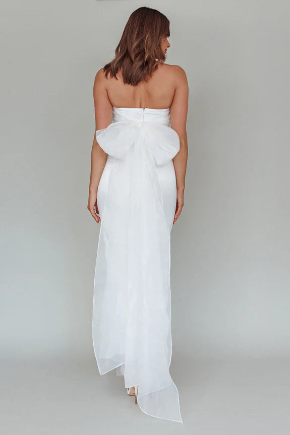 Strapless Sleeveless Tie Bow Back White Midi Evening Dress With Side Slit