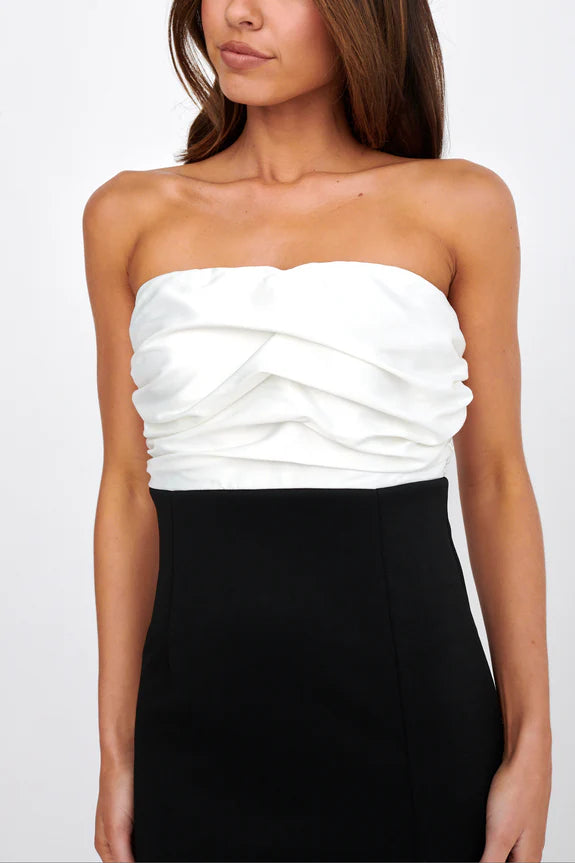 Strapless Split Pleated White And Black Midi Evening Dress Party Dress