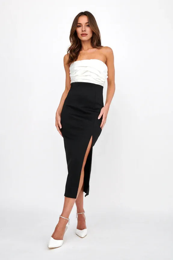 Strapless Split Pleated White And Black Midi Evening Dress Party Dress