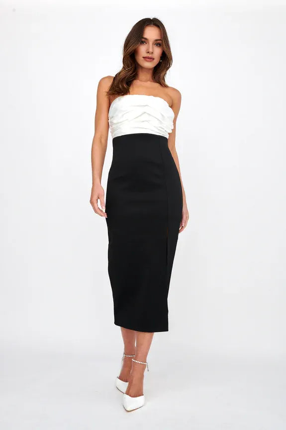 Strapless Split Pleated White And Black Midi Evening Dress Party Dress