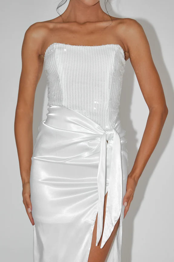 Strapless Tie Waist Sequin Satin White Midi Evening Dress With Split
