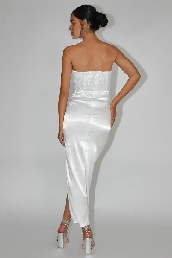 Strapless Tie Waist Sequin Satin White Midi Evening Dress With Split
