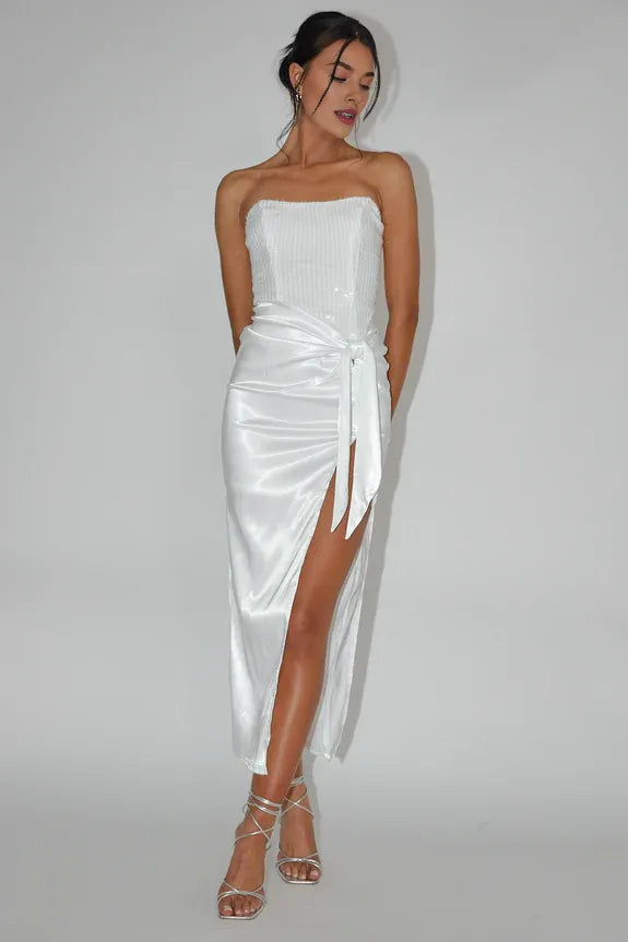 Strapless Tie Waist Sequin Satin White Midi Evening Dress With Split