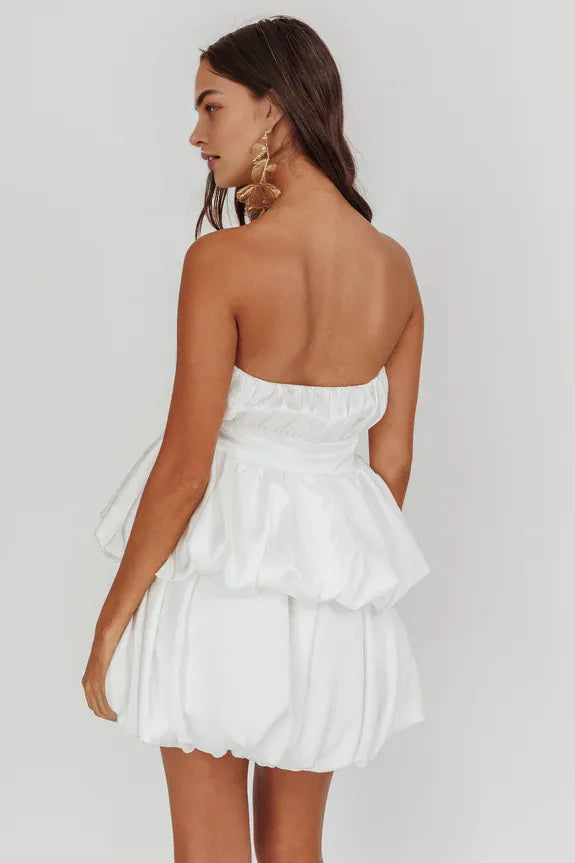 Strapless Tiered Bow Off White Mini Homecoming Dress With Bubble Hem