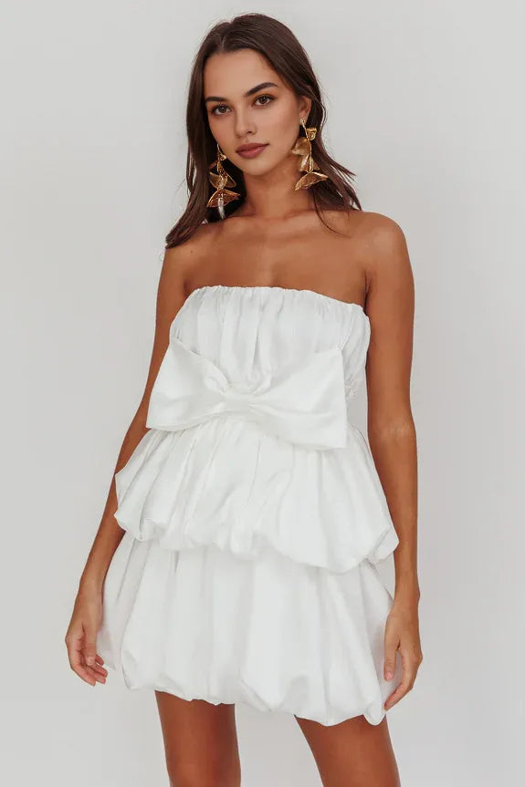 Strapless Tiered Bow Off White Mini Homecoming Dress With Bubble Hem