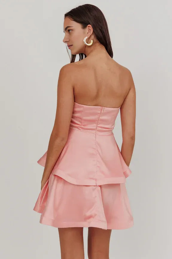 Strapless Tiered Ruffle Rose Pink Mini Homecoming Dress With Bow