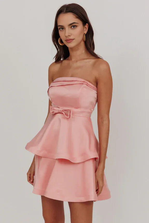 Strapless Tiered Ruffle Rose Pink Mini Homecoming Dress With Bow
