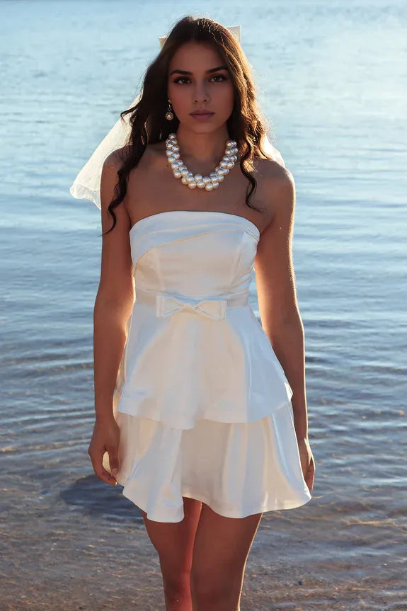 Strapless Tiered Ruffle White Mini Homecoming Dress With Waist Bow No Veils