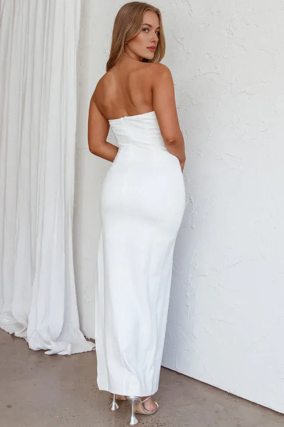Strapless White Cutout Maxi Evening Dress With High Slit For Women