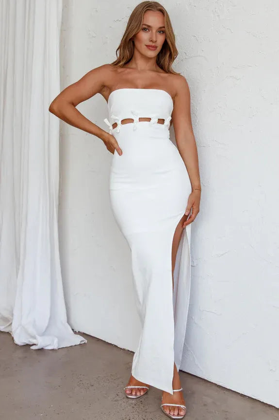 Strapless White Cutout Maxi Evening Dress With High Slit For Women