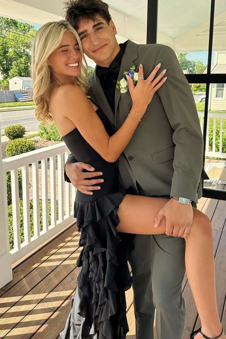 Strapless With Asymmetrical Hem Sleeveless Ruffled High Slit Formal Prom Party Dress