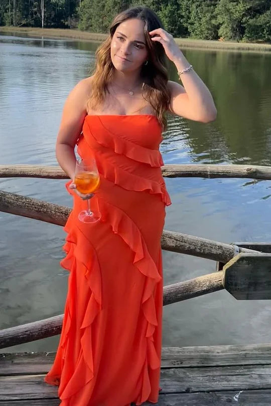 Strapless Ruffles Chiffon Sleeveless Long Formal Prom Dress