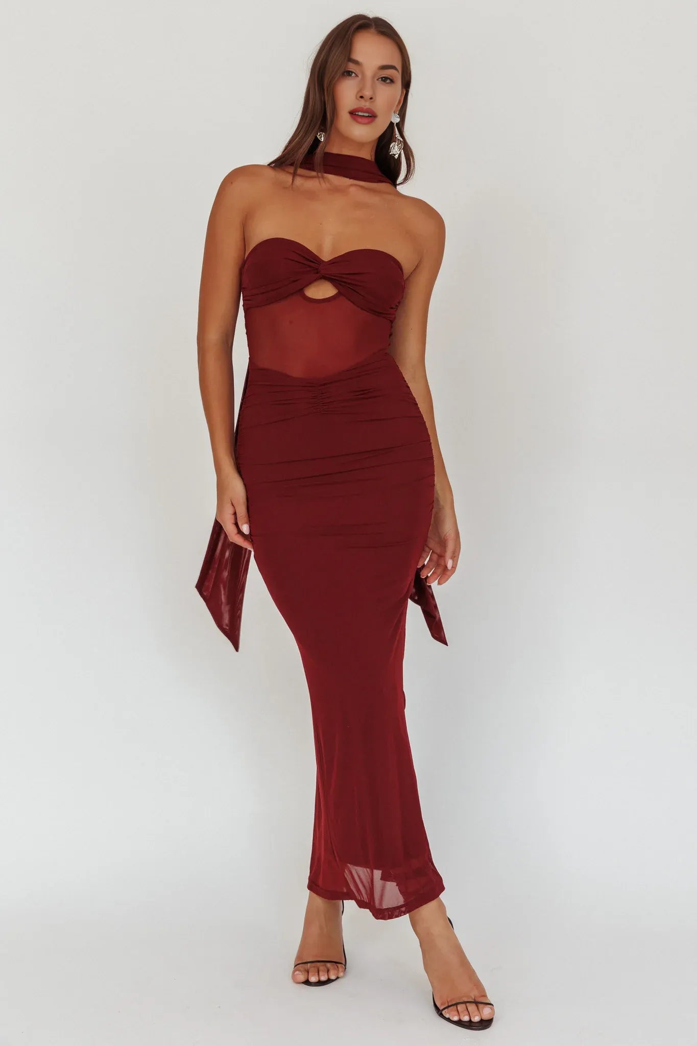 Strapless keyhole Sheer Mesh Black Maxi Evening Dress With Streamer