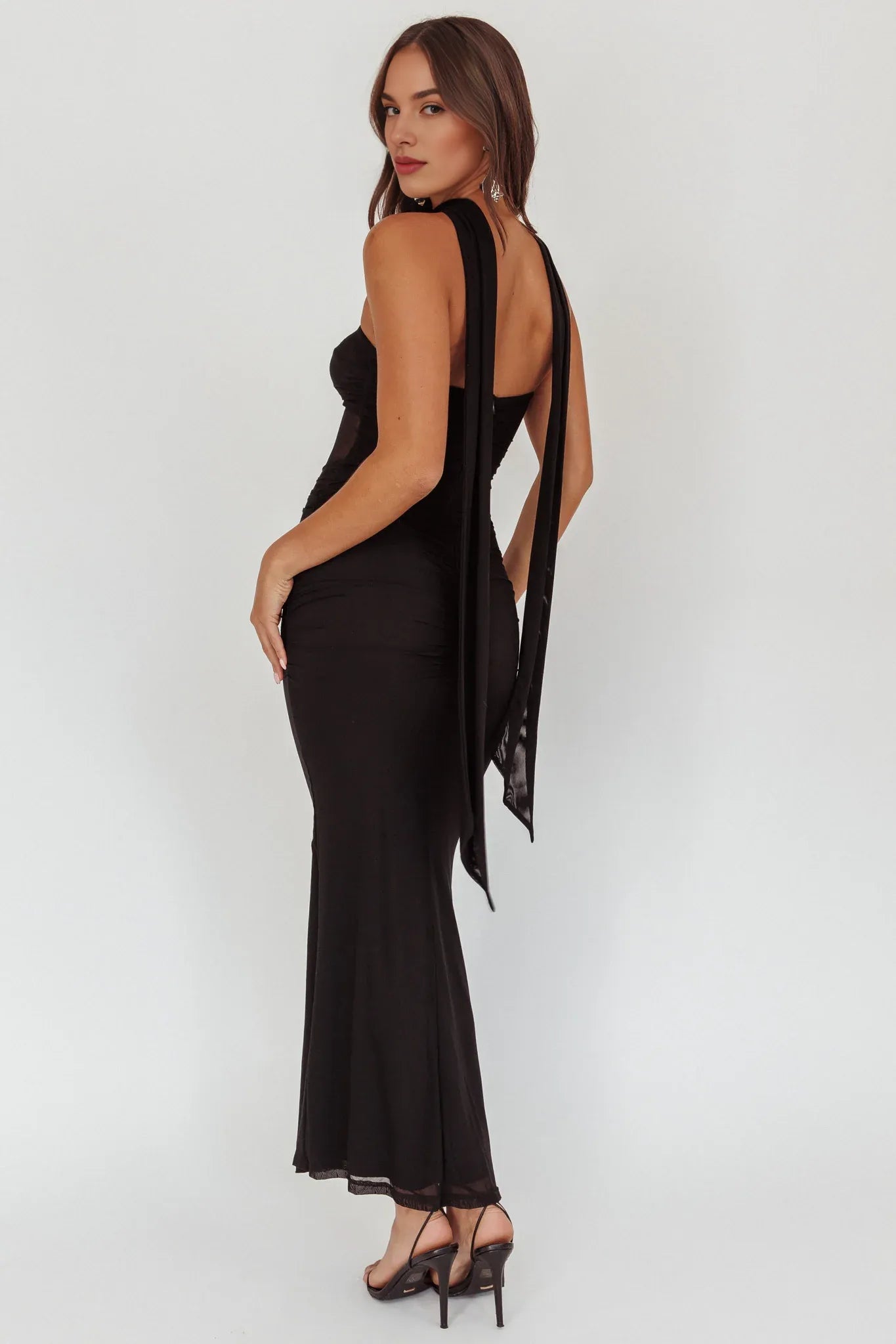 Strapless keyhole Sheer Mesh Black Maxi Evening Dress With Streamer