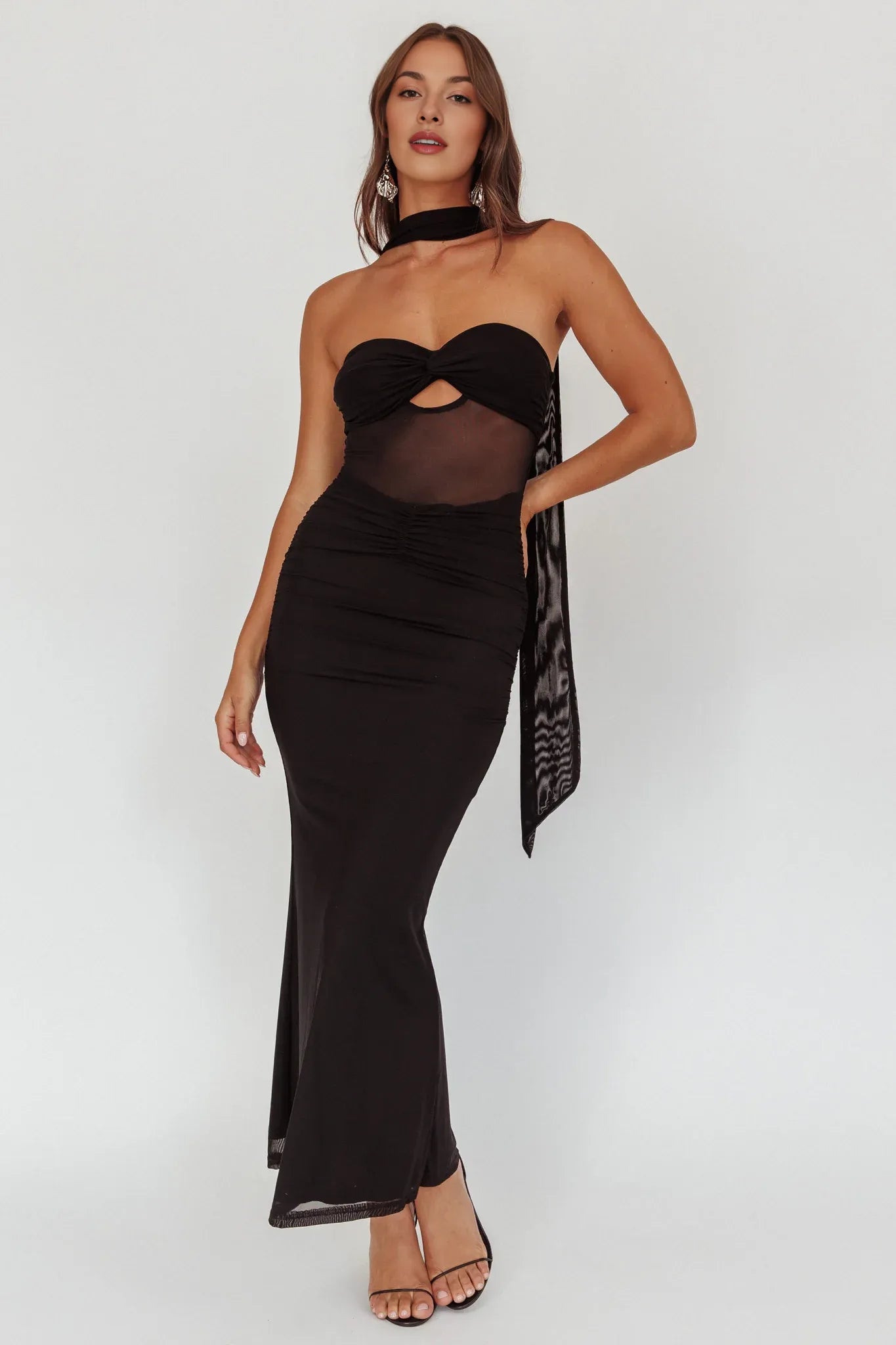 Strapless keyhole Sheer Mesh Black Maxi Evening Dress With Streamer