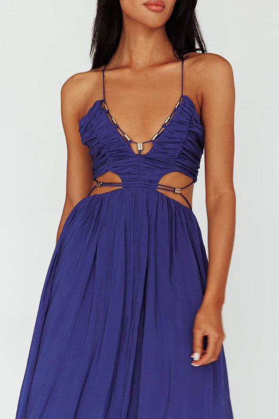 Strappy Tie Pleated Cutout Navy Midi Evening Dress Ready To Ship