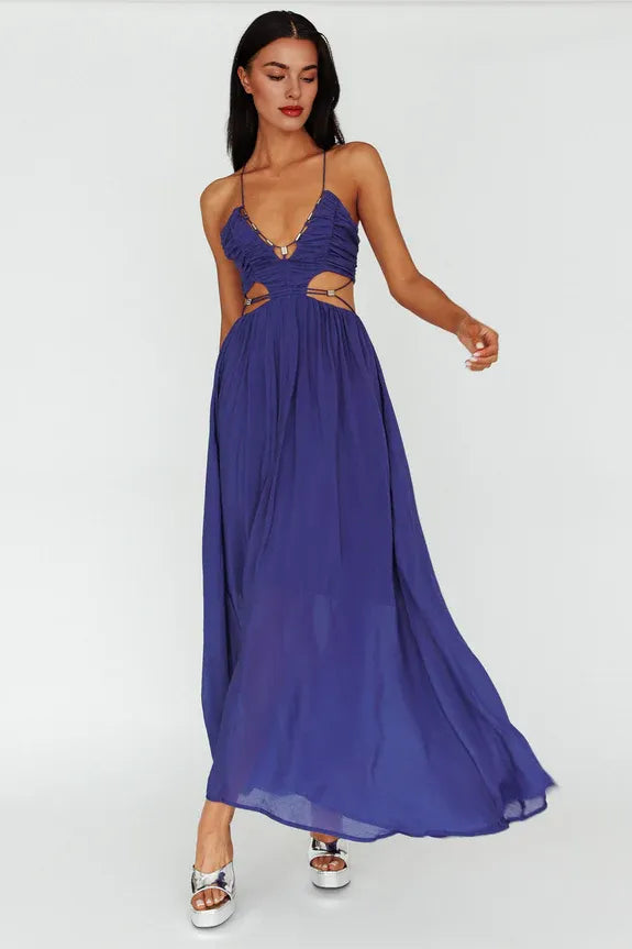 Strappy Tie Pleated Cutout Navy Midi Evening Dress Ready To Ship