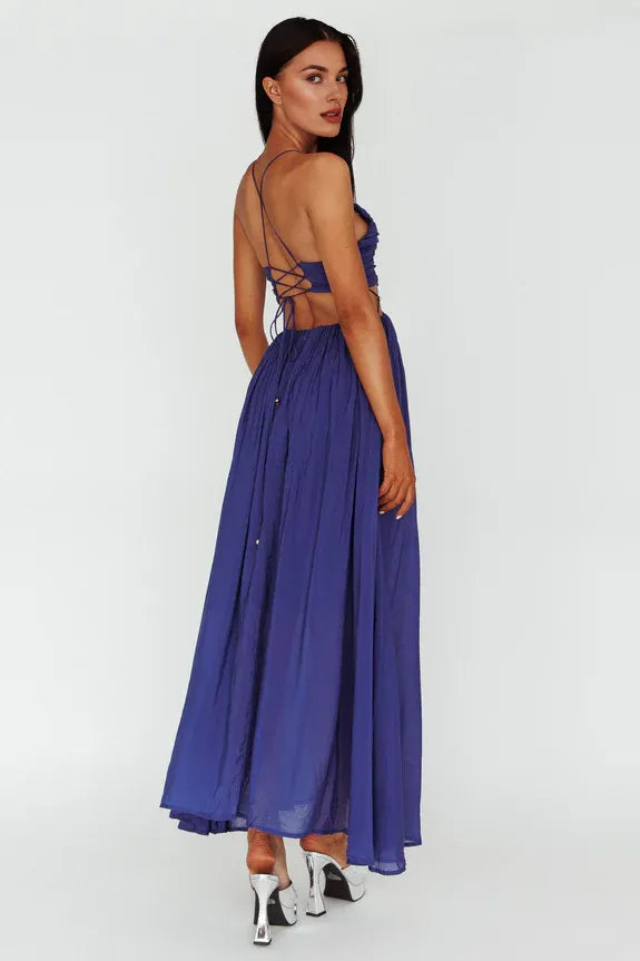 Strappy Tie Pleated Cutout Navy Midi Evening Dress Ready To Ship