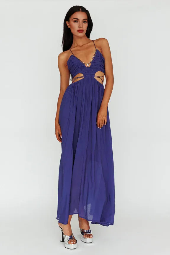 Strappy Tie Pleated Cutout Navy Midi Evening Dress Ready To Ship