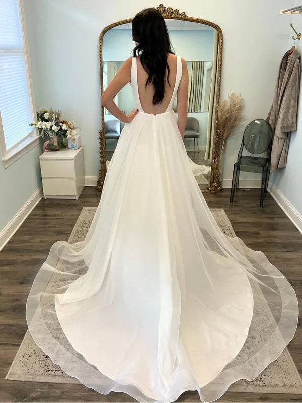 Satin Straps Stright Neckline A Line Wedding Dresses