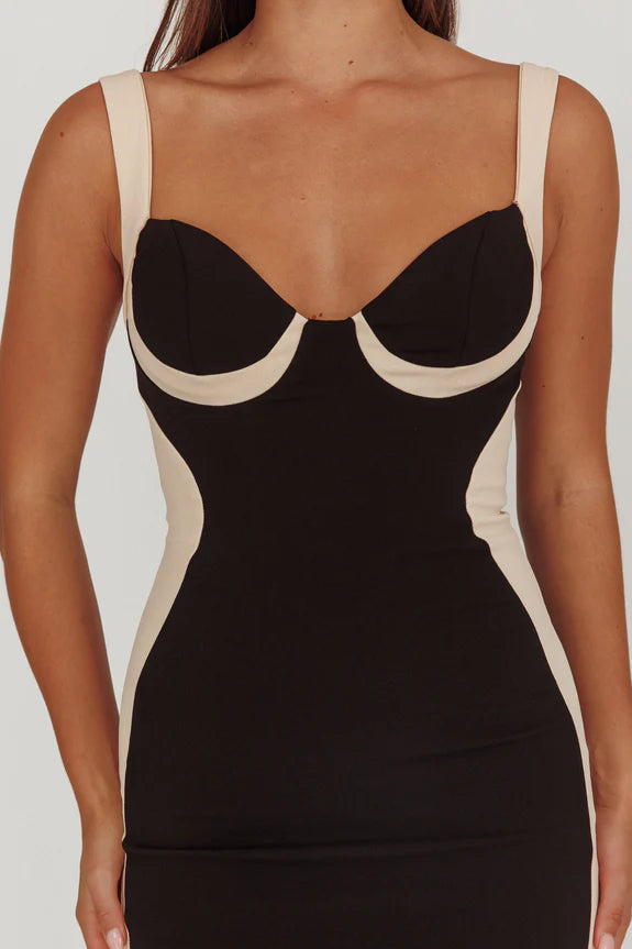 Straps Sleeveless Contrast Bodycon Black Midi Prom Dress With Slit Back