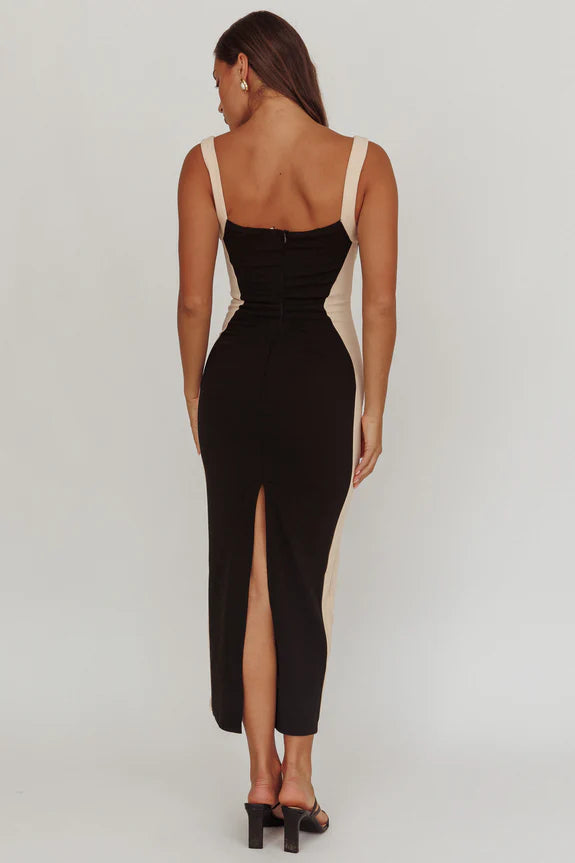 Straps Sleeveless Contrast Bodycon Black Midi Prom Dress With Slit Back