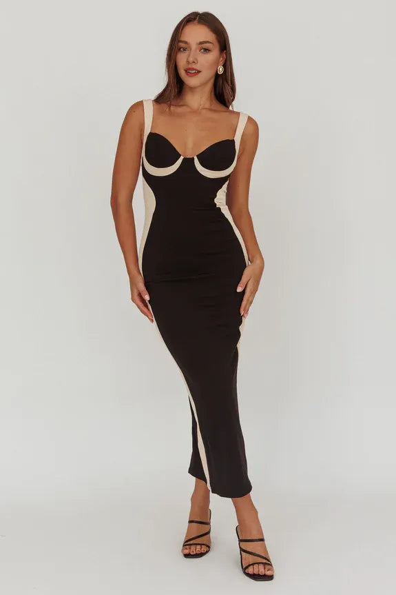 Straps Sleeveless Contrast Bodycon Black Midi Prom Dress With Slit Back