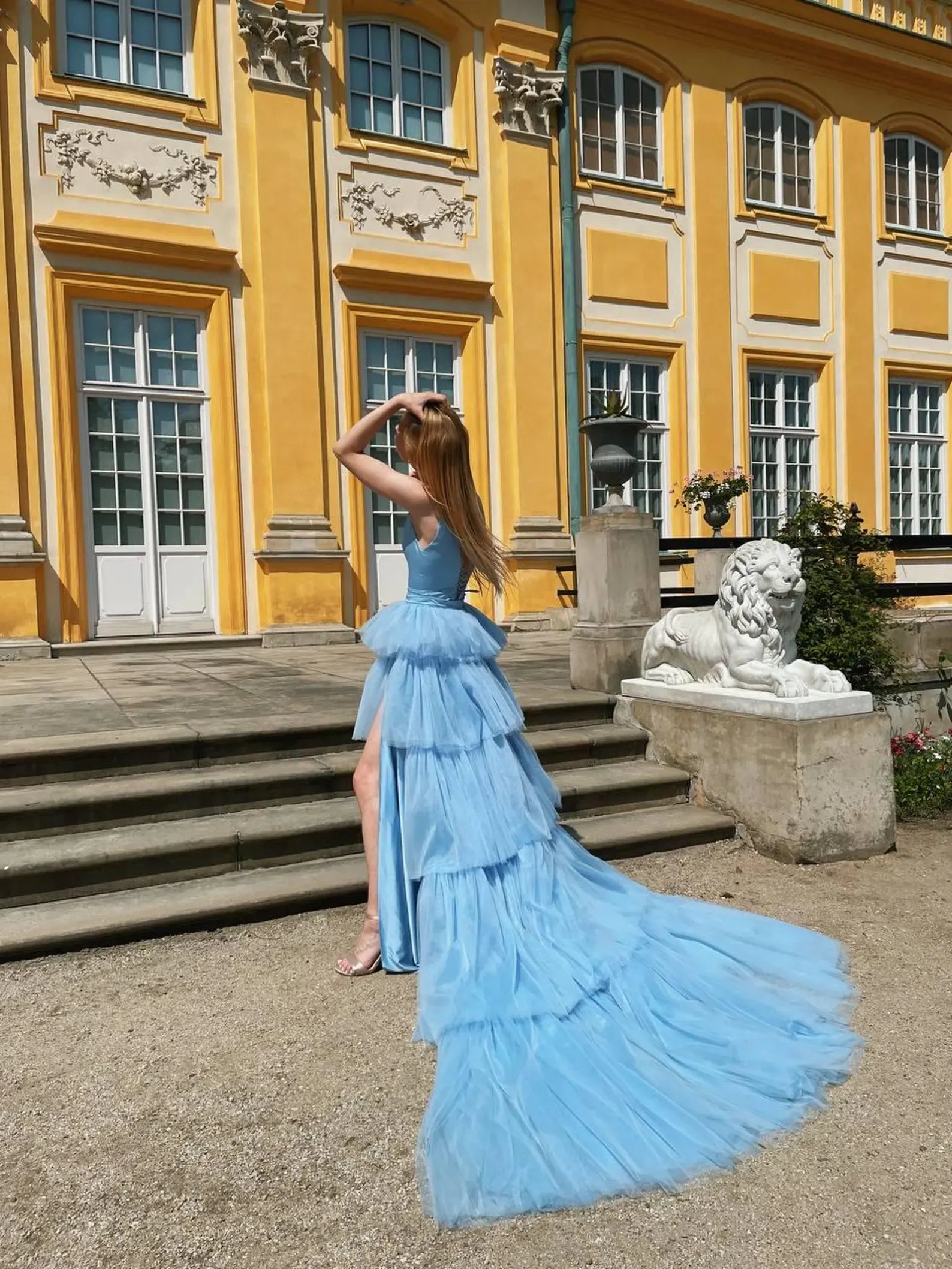 Stunning A-Line Deep V-Neck Tiered High Slit Light Blue Prom Dress With Train