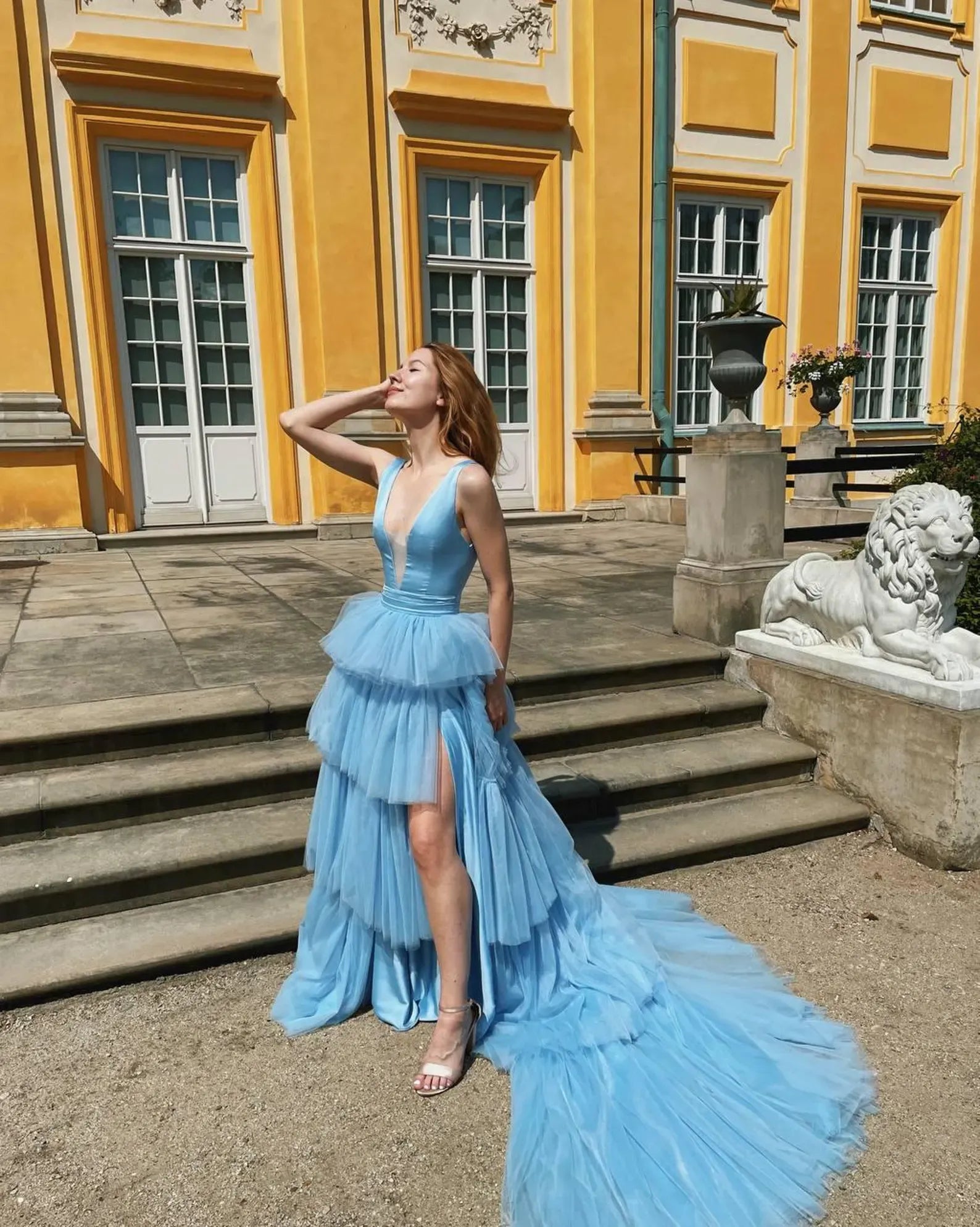 Stunning A-Line Deep V-Neck Tiered High Slit Light Blue Prom Dress With Train