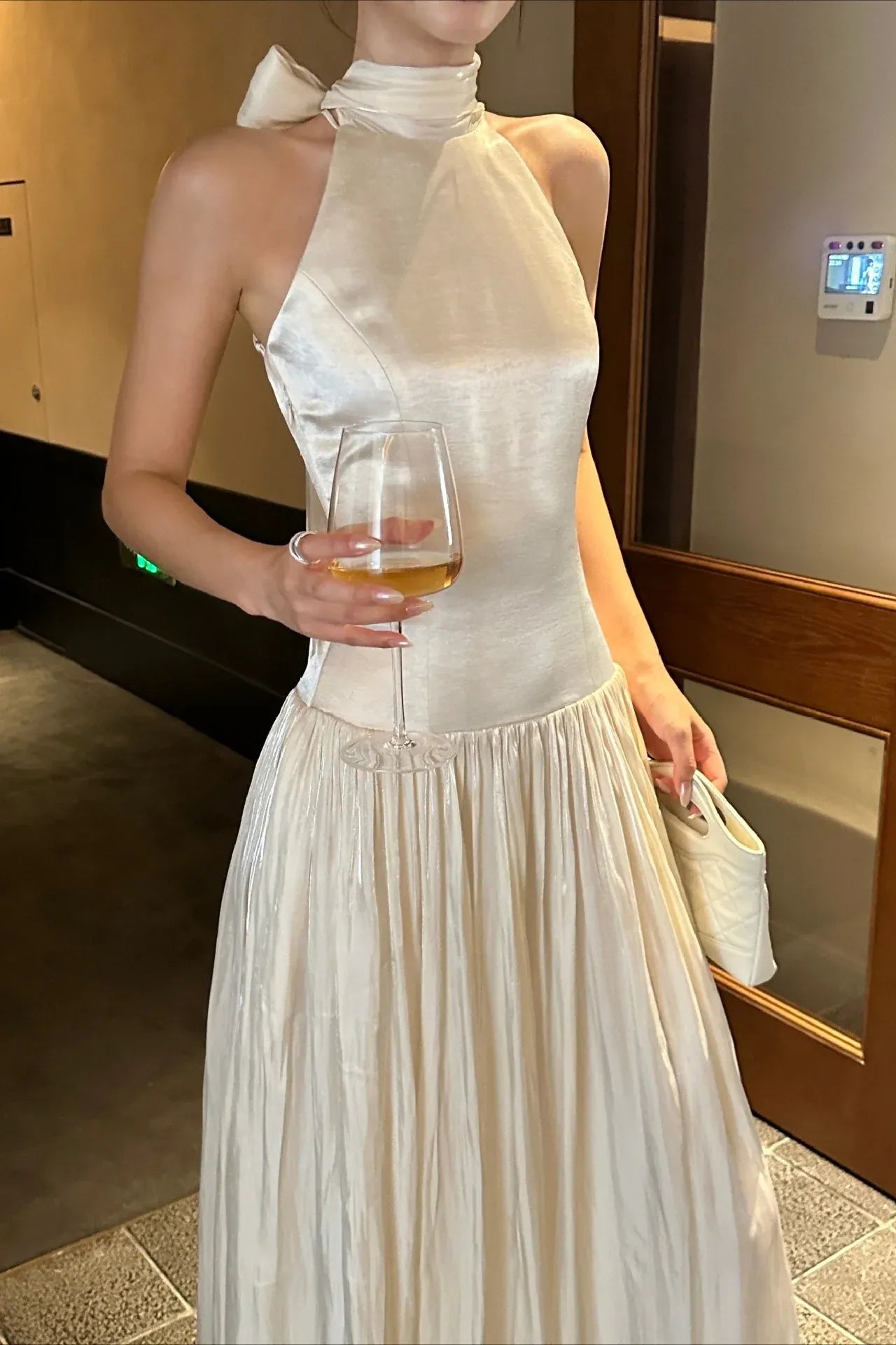 Stunning A-Line Halter Neck Tie Bow Pleated Ivory Floor-Length Prom Dress Hot Sale