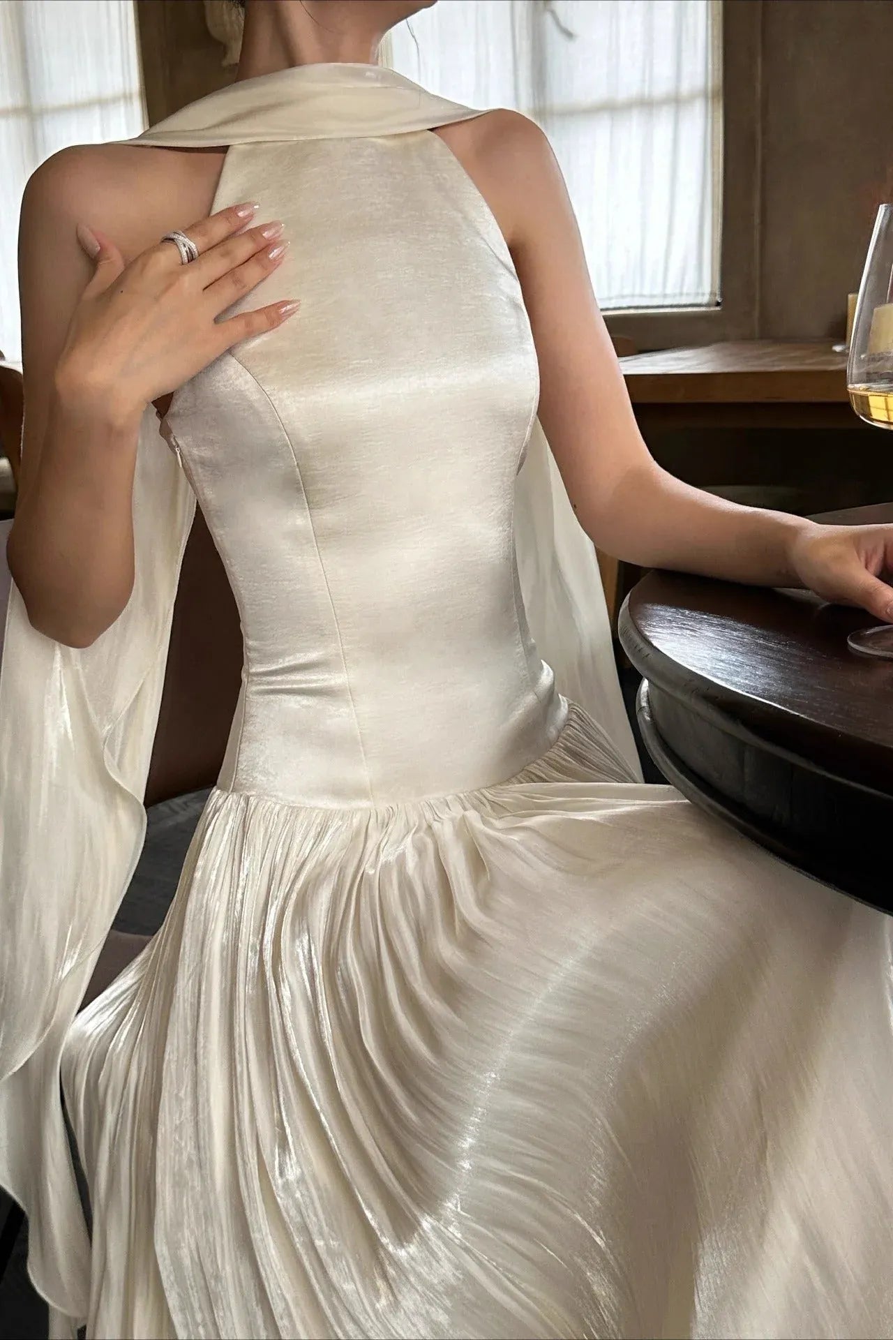 Stunning A-Line Halter Neck Tie Bow Pleated Ivory Floor-Length Prom Dress Hot Sale