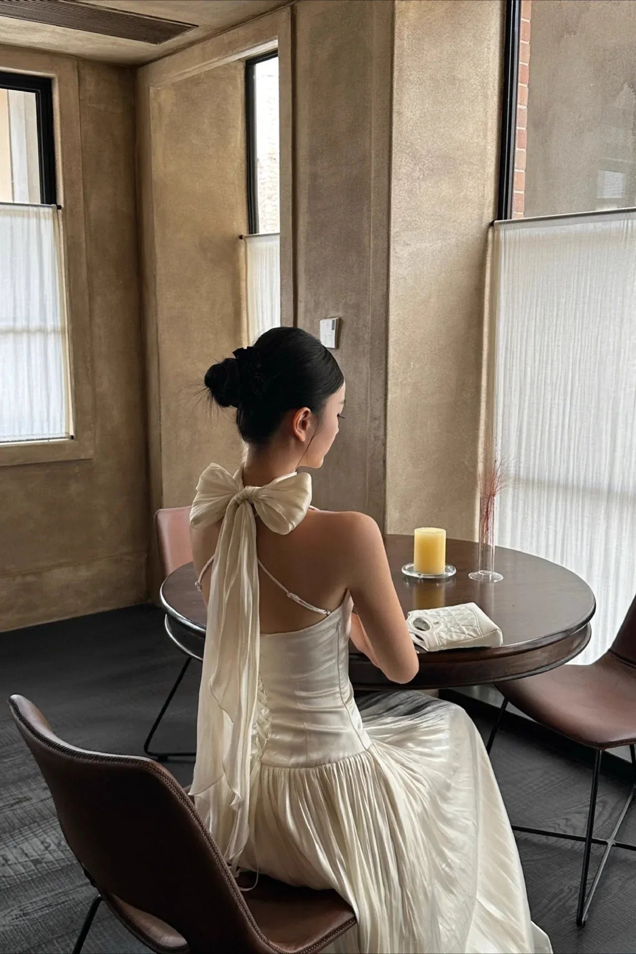 Stunning A-Line Halter Neck Tie Bow Pleated Ivory Floor-Length Prom Dress Hot Sale