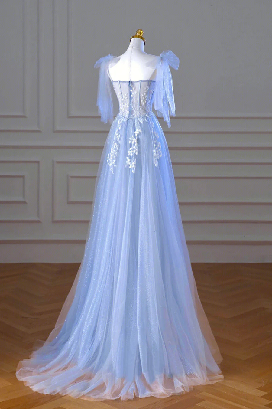 Stunning A-Line Spaghetti Strap Sequins Tulle Floral Lace Blue Long Prom Dress