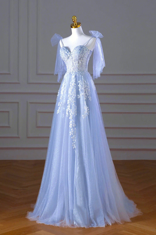 Stunning A-Line Spaghetti Strap Sequins Tulle Floral Lace Blue Long Prom Dress