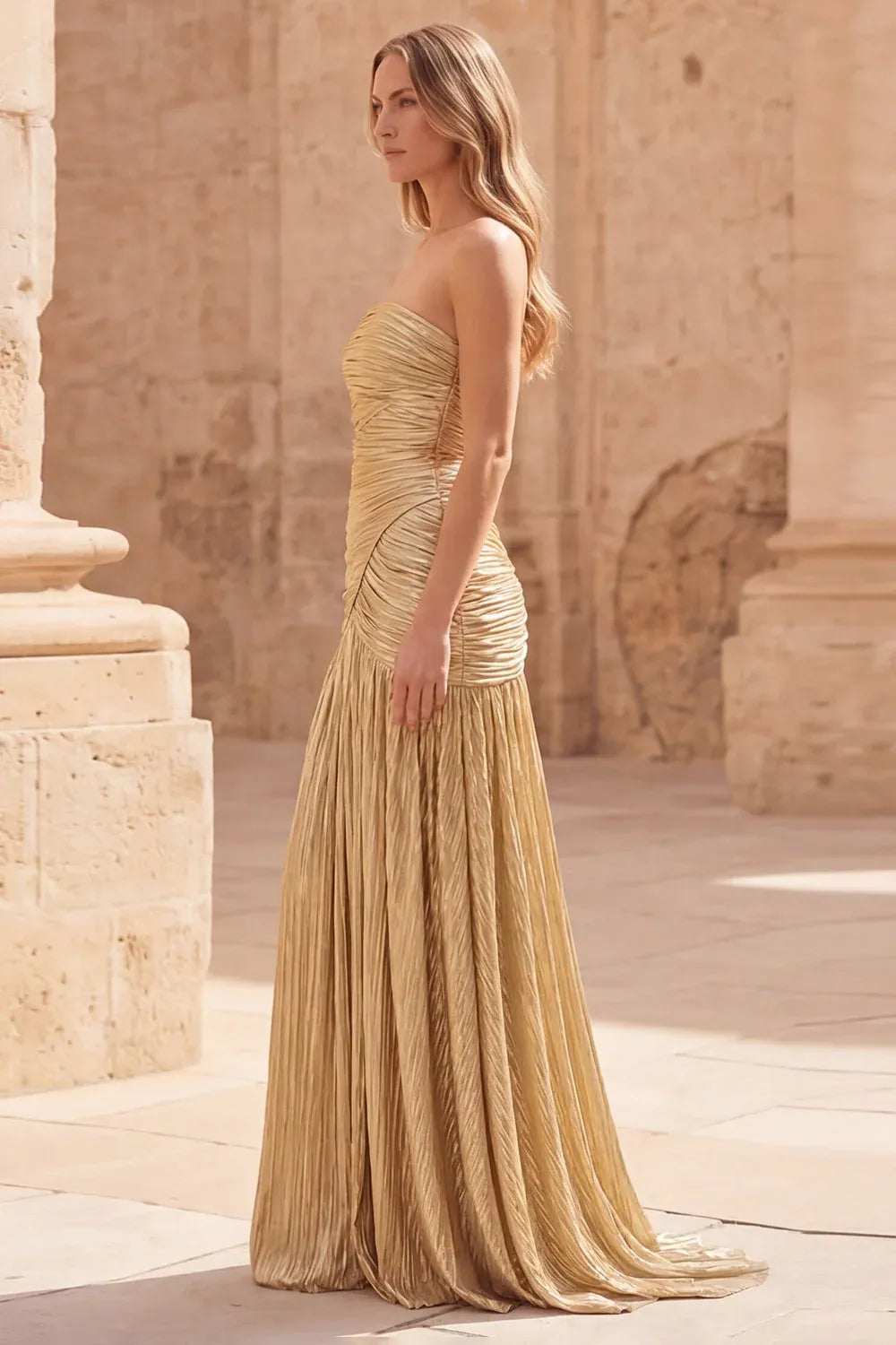 Stunning A-Line Strapless Ruched Metallic Gold Maxi Prom Dress For Women
