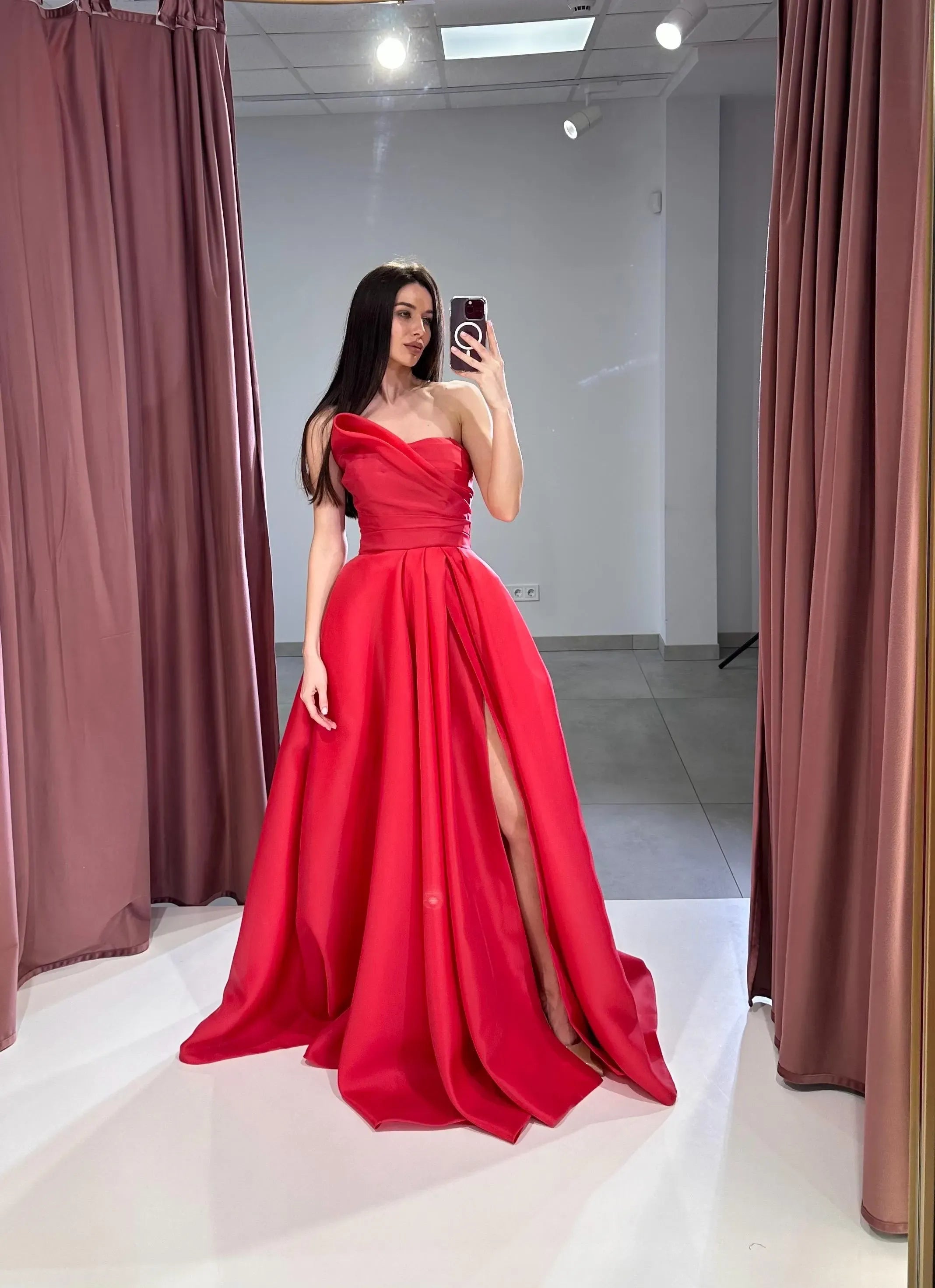 Stunning A-Line Strapless Ruched Organza Red Floor-Length Prom Dress With High Slit