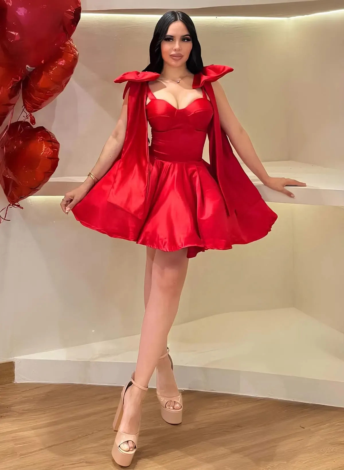 Stunning A-Line Sweetheart Bow Accent Lace-Up Satin Red Short Homecoming Dress
