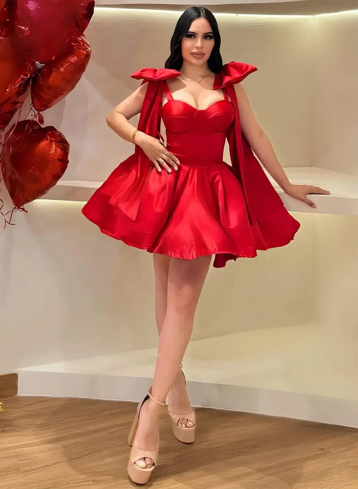 Stunning A-Line Sweetheart Bow Accent Lace-Up Satin Red Short Homecoming Dress