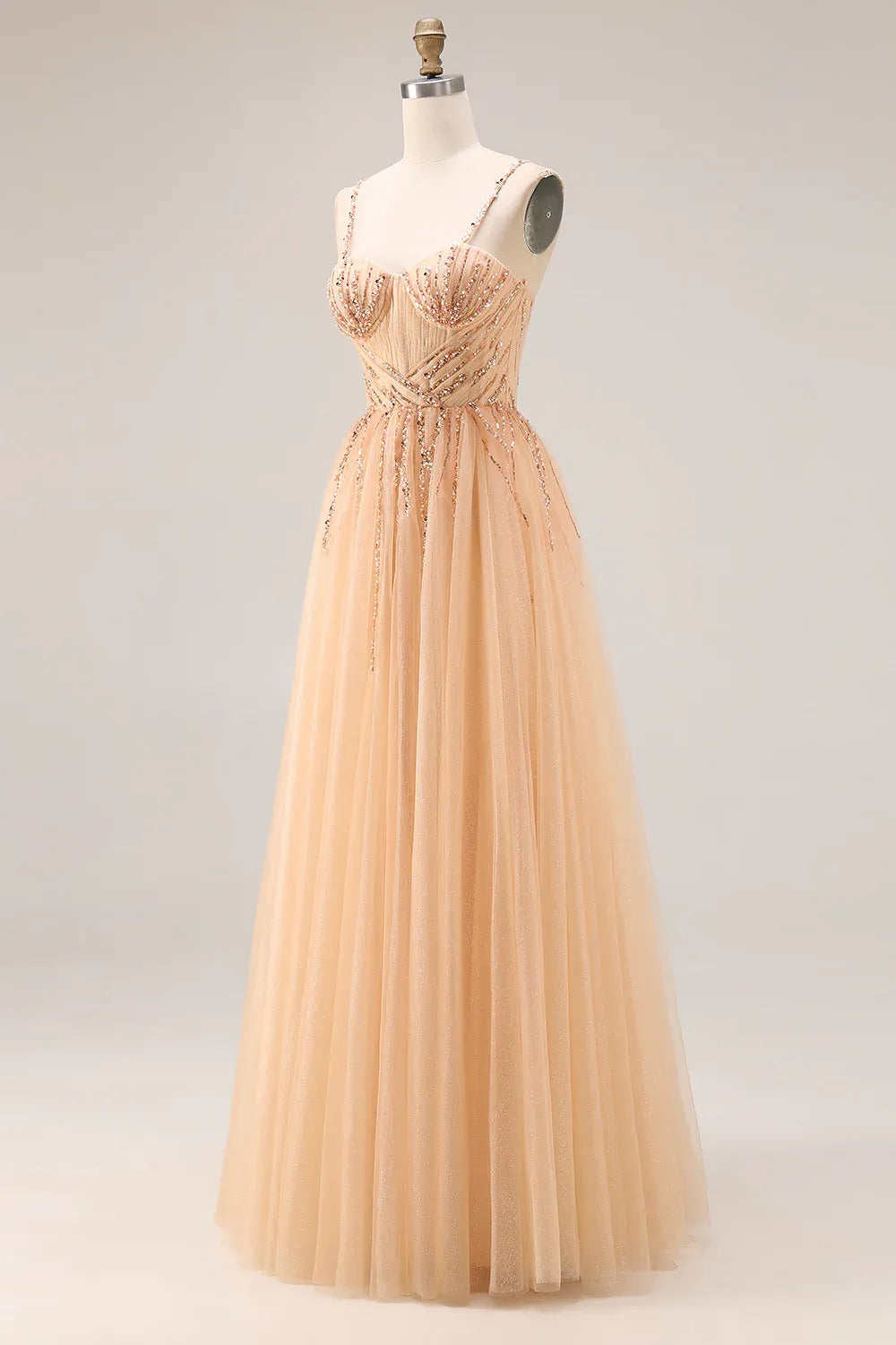 Stunning A-Line Sweetheart Sequin Tulle Champagne Prom Dress For Ladies