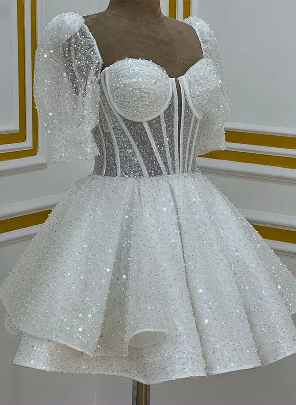 Stunning A-Line Sweetheart Short Sleeves Corset Glitter White Mini Homecoming Dress
