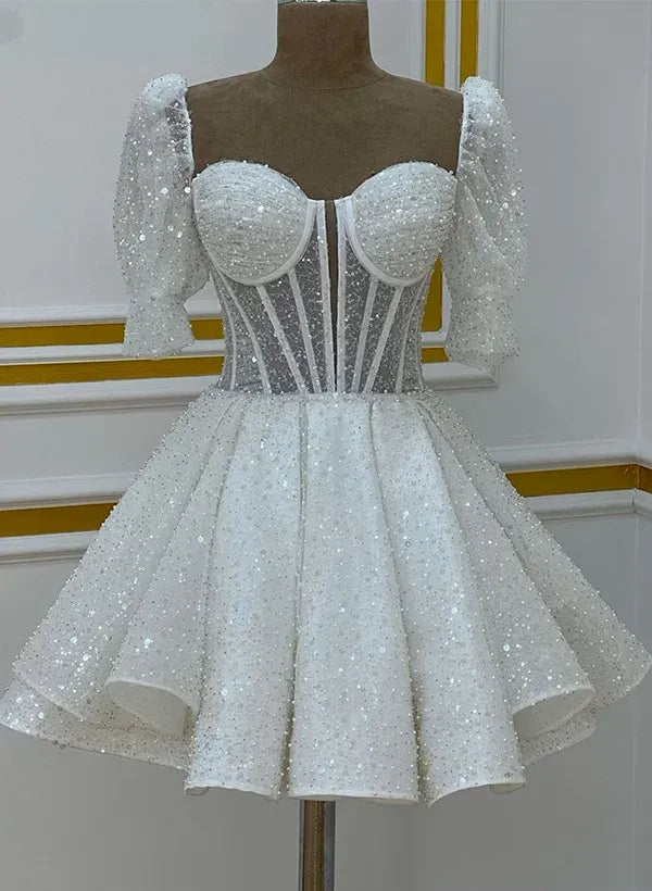 Stunning A-Line Sweetheart Short Sleeves Corset Glitter White Mini Homecoming Dress