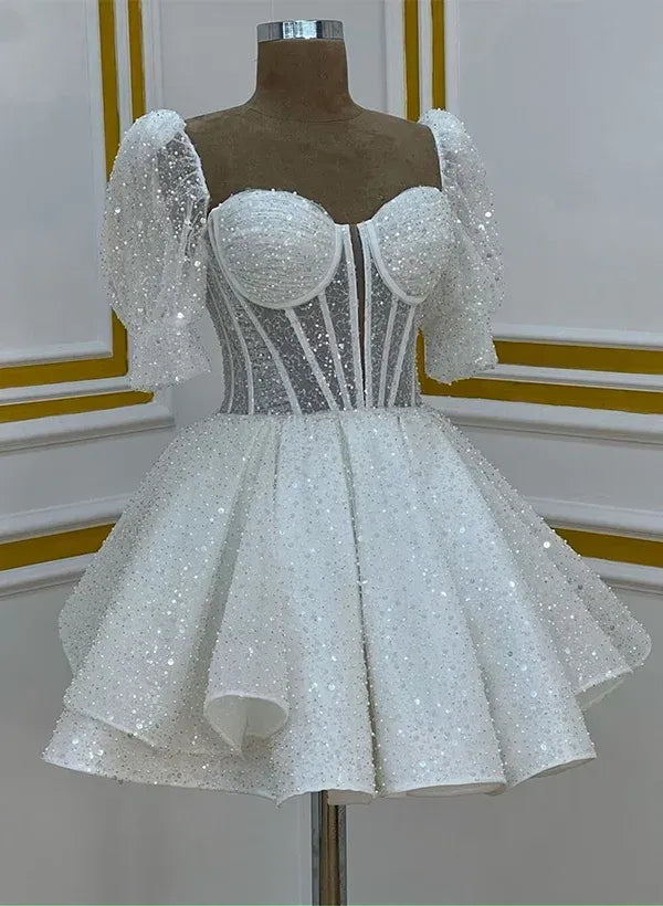 Stunning A-Line Sweetheart Short Sleeves Corset Glitter White Mini Homecoming Dress