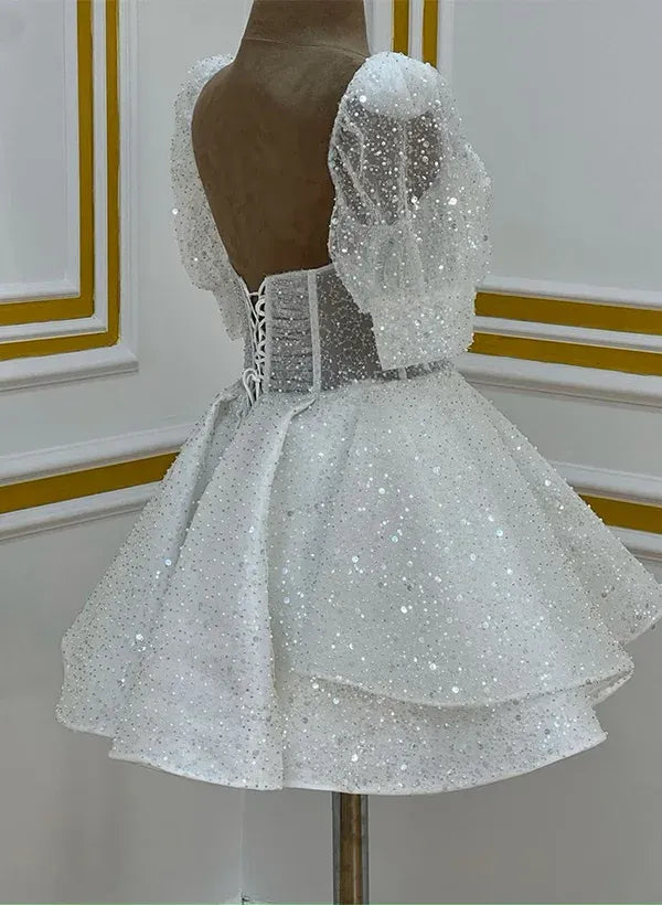 Stunning A-Line Sweetheart Short Sleeves Corset Glitter White Mini Homecoming Dress
