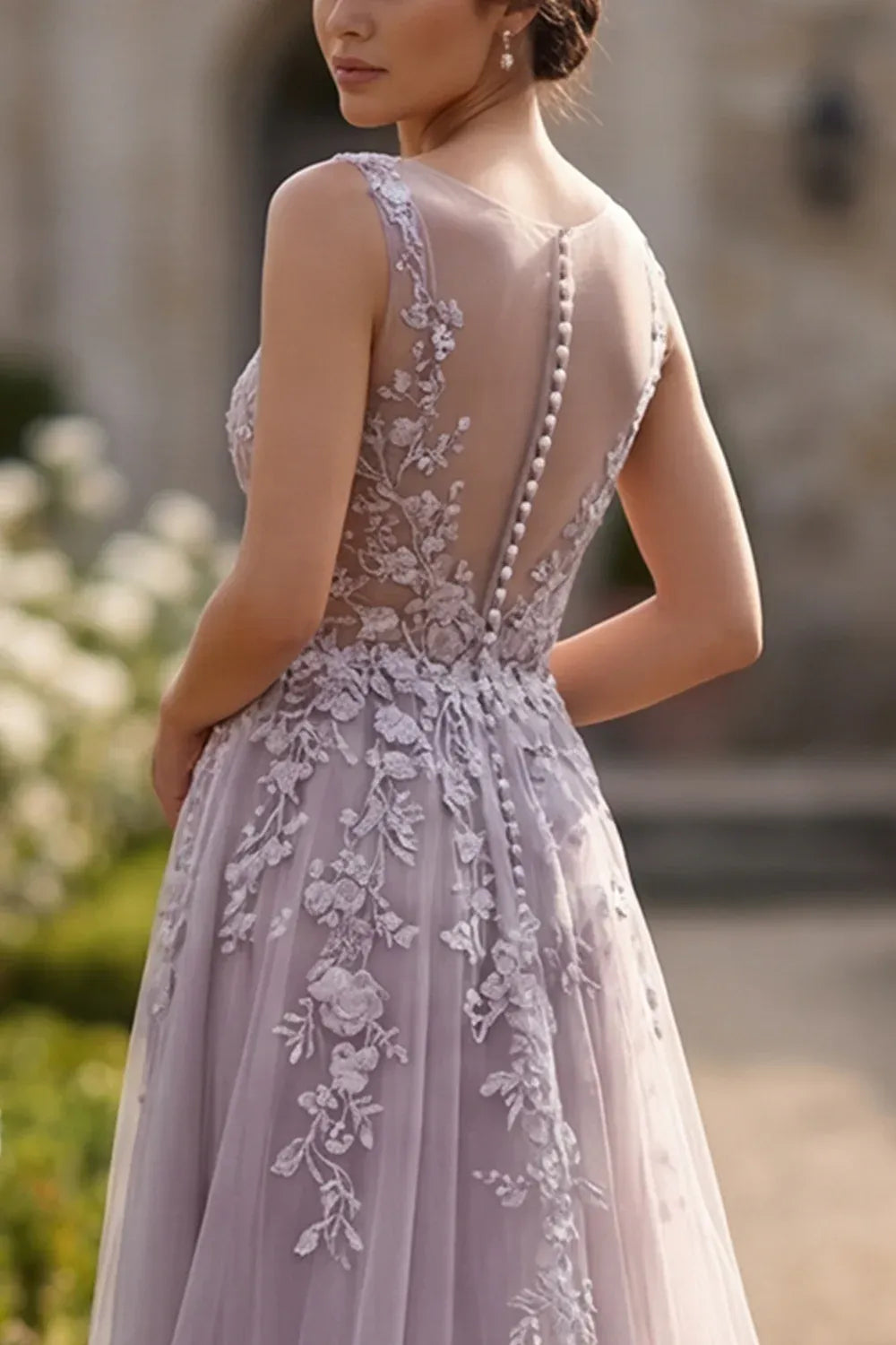 Stunning A-Line V-Neck Lace Applique Lavender Maxi Prom Dress For Women