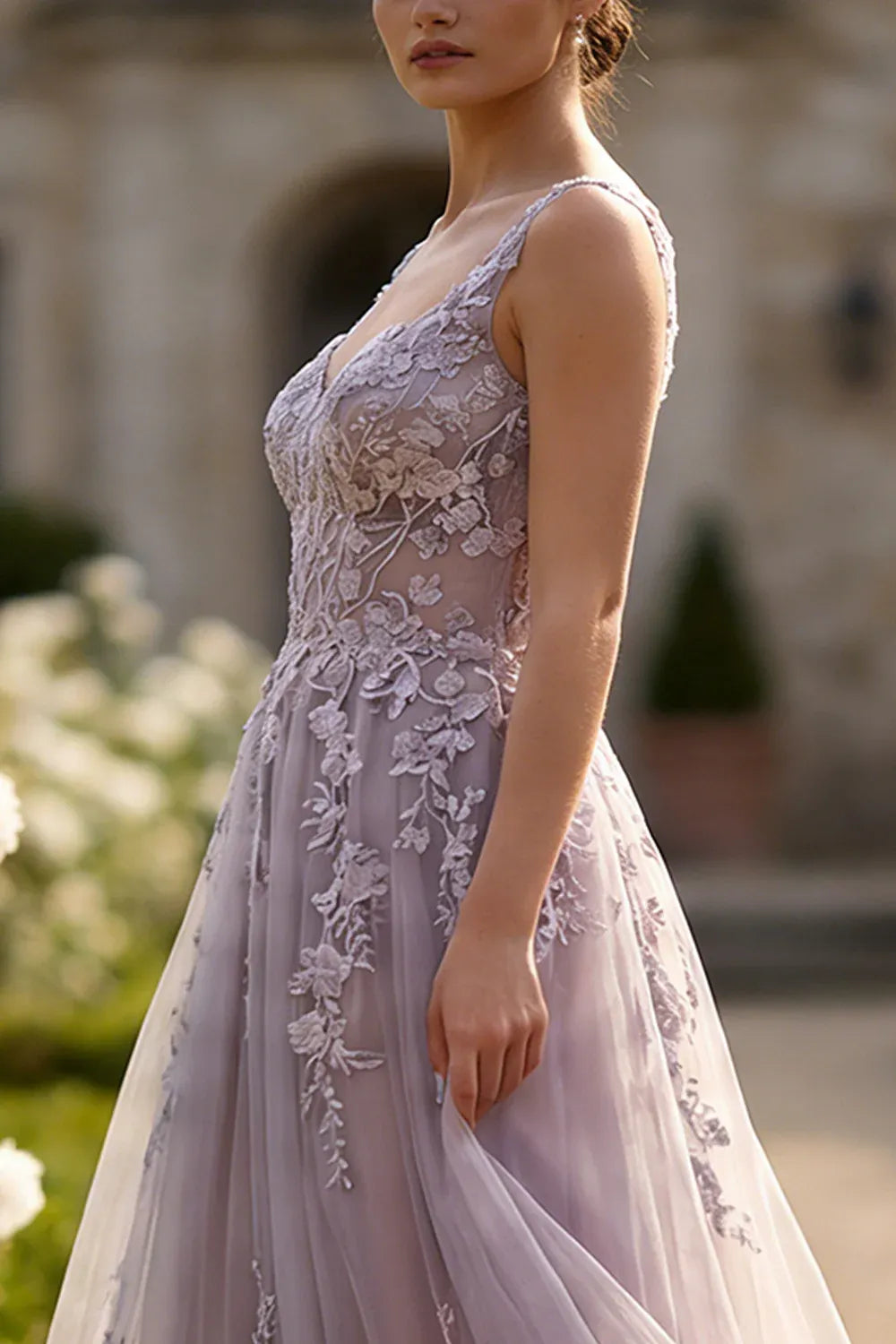 Stunning A-Line V-Neck Lace Applique Lavender Maxi Prom Dress For Women